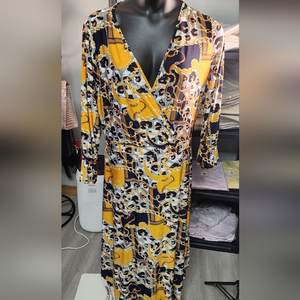 Ashley Stewart Yellow and Black V-Neck Maxi Dress